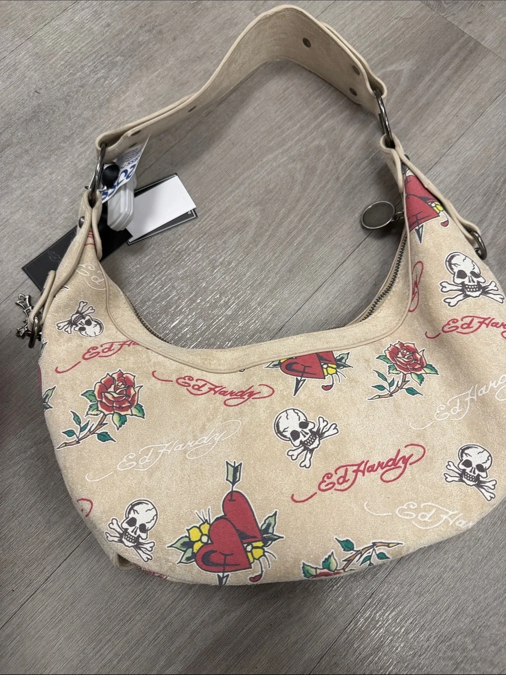 Ed Hardy Beige Studded Hobo with Tattoo Heart & Skull Print